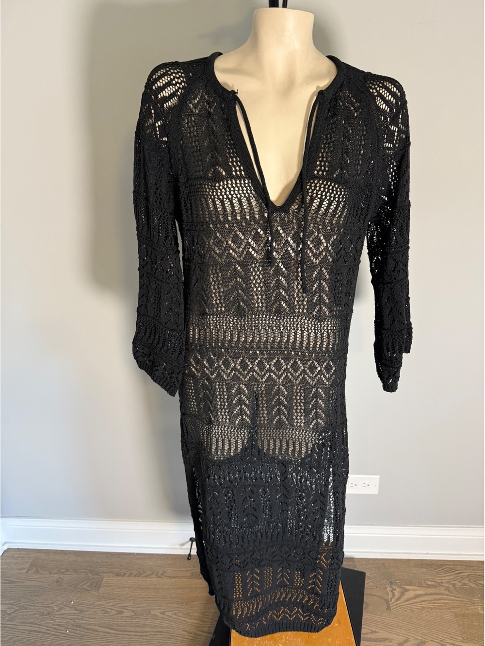 Elan Women's Black Crochet Knit Cover-Up Dress XS